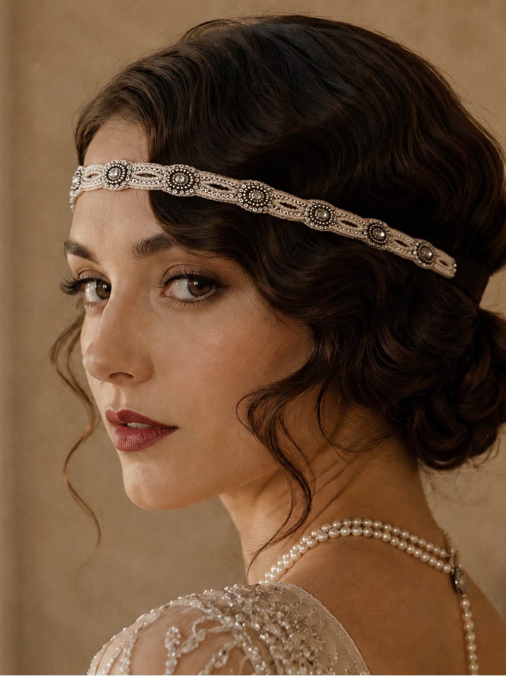 1920s style crystal beaded headband with beaded details